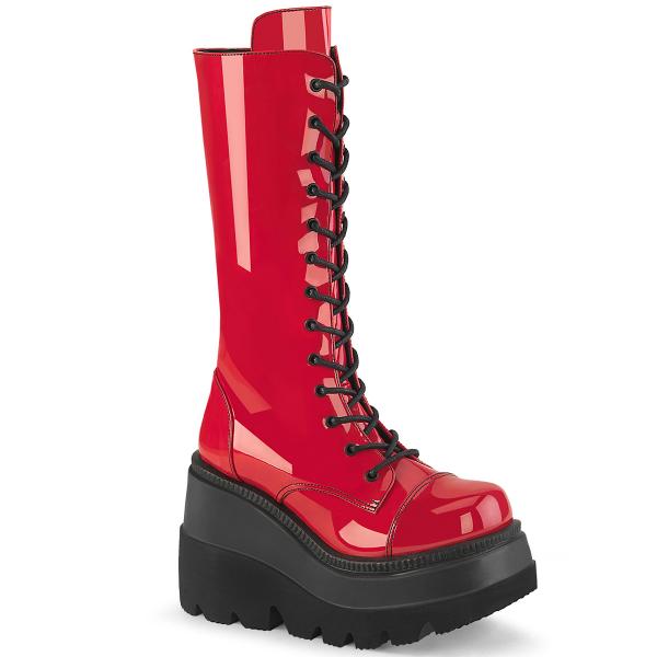 SHAKER-72 DemoniaCult vegan Damen Keil-Plateau Kniehohe Schnür-Stiefel rot Lack