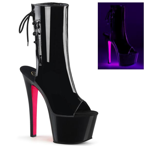 SKY-1018TT Pleaser High-Heels Plateaustiefeletten schwarz Lack neon hotpink