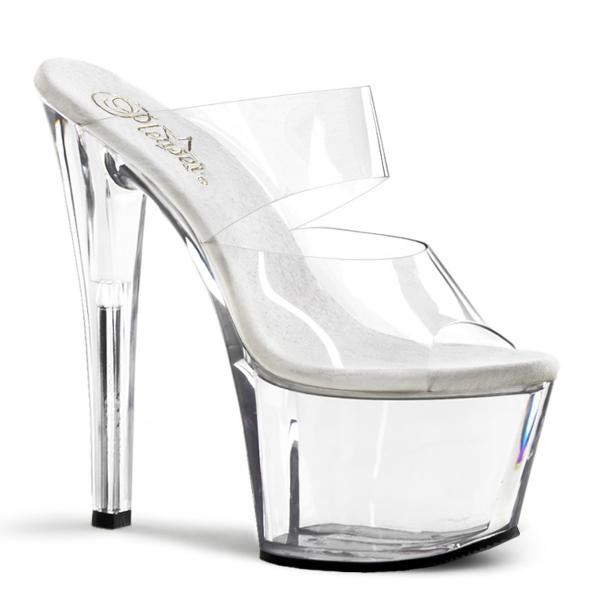 SKY-302 Pleaser High-Heels Doppelriemen Plateaupantoletten transparent