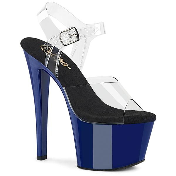 SKY-308 Pleaser vegan high heels platform ankle strap sandal clear royal blue innersole