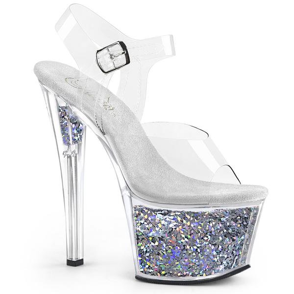 SKY-308GF Pleaser high heels platform ankle strap sandal clear silver multi glitter