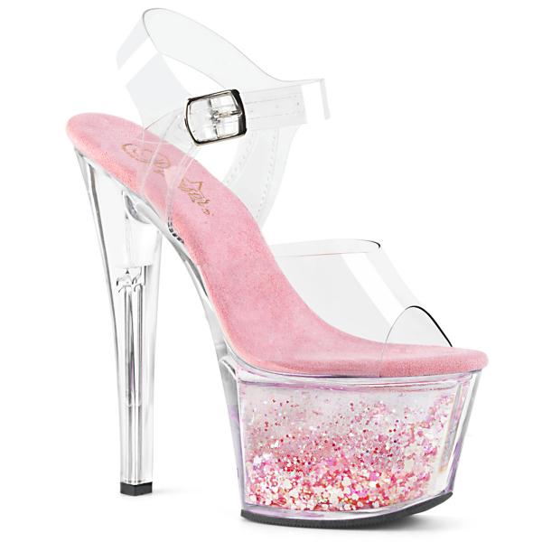 SKY-308WHG Pleaser High-Heels Sandaletten klar babypink schwimmende Glitterherzen