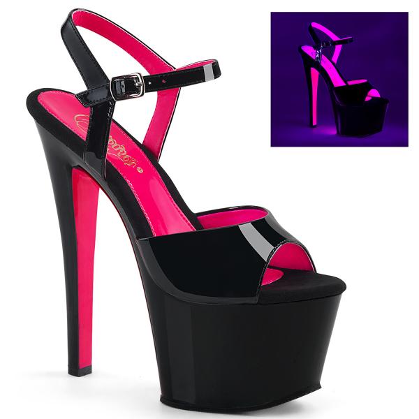 SKY-309TT Pleaser High-Heels Plateausandaletten schwarz Lack neon UV hotpink