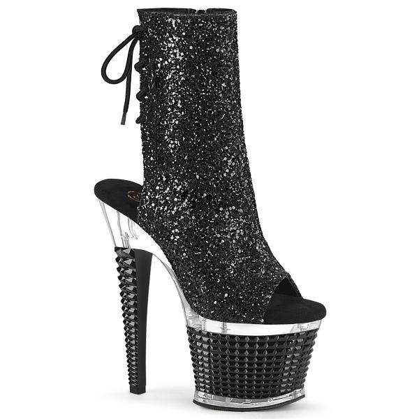 SPECTATOR-1018G Pleaser textured platform peep toe ankle boot black glitter clear