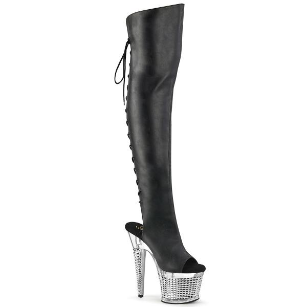 SPECTATOR-3019 Pleaser vegan textured platform over-the-knee boot black matte silver chrome