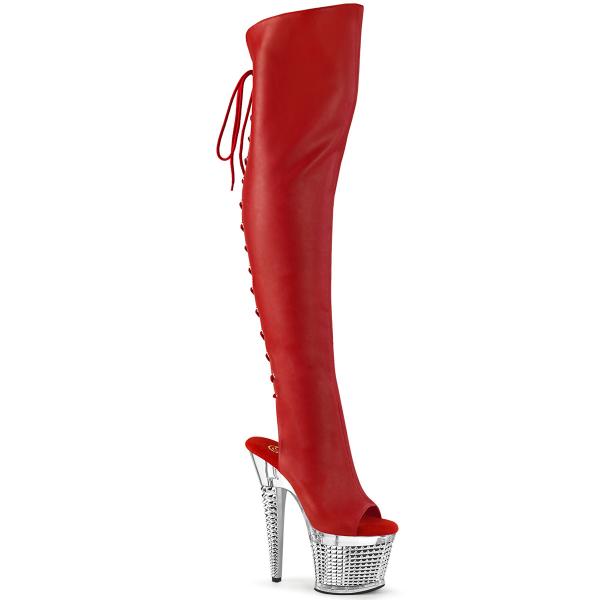 SPECTATOR-3019 Pleaser struktur Plateauoverkneestiefel rot Lederlook silber Chrom