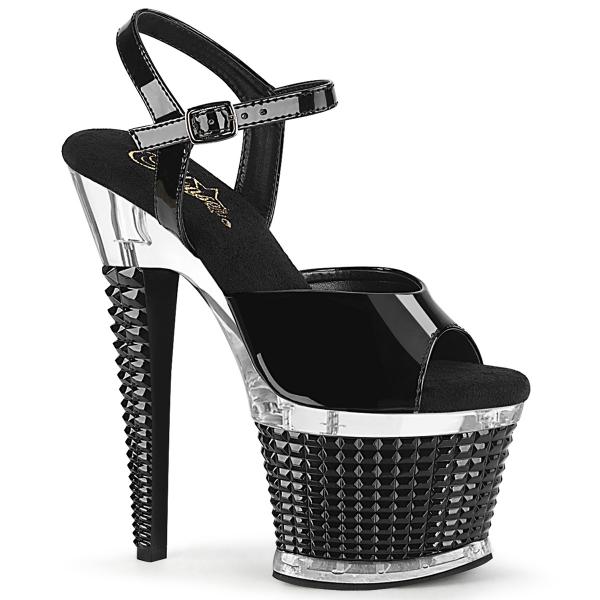 SPECTATOR-709 Pleaser high heels textured platform ankle strap sandal black patent clear