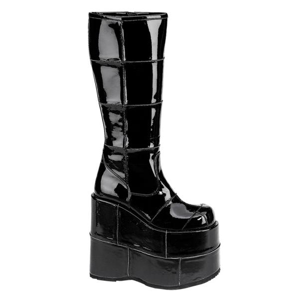 STACK-301 Demonia platform knee boot goth punk patching details black patent