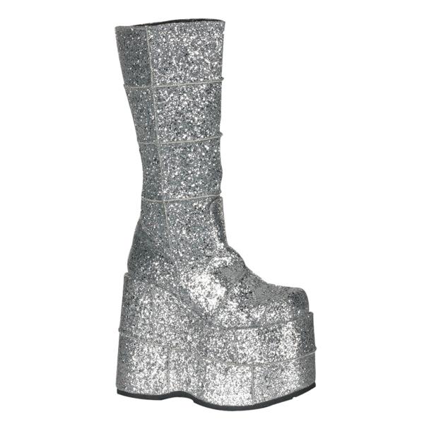 Sale STACK-301G Demonia platform knee boot patching details silver glitter 39