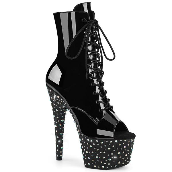 STARDANCE-1021 Pleaser High Heels Peep Toe Plateustiefeletten schwarz Lack Multi Strass