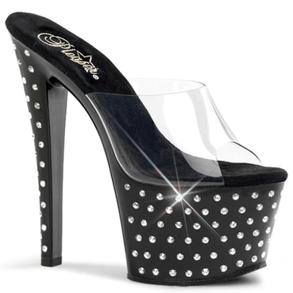 STARDUST-701 sexy Pleaser High-Heels Plateaupantoletten klar schwarz mit Strass besetzt