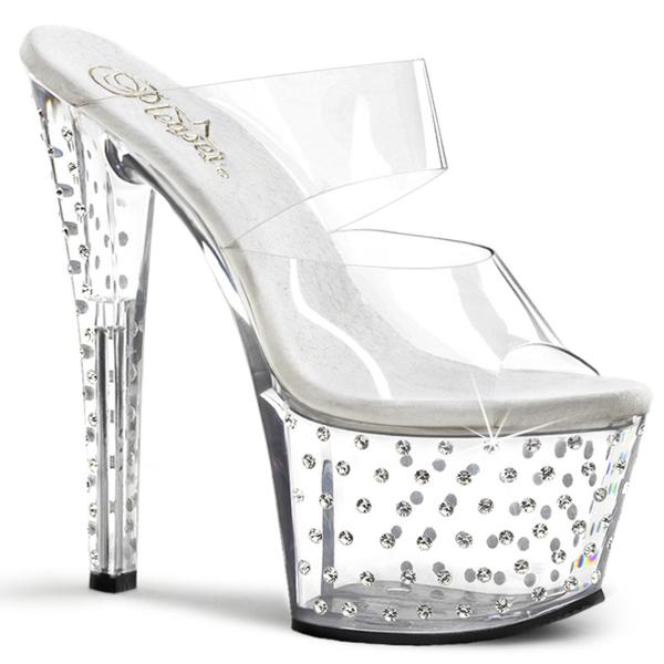 STARDUST-702 Pleaser High-Heels Doppelriemchen Pantoletten transparent mit Strass