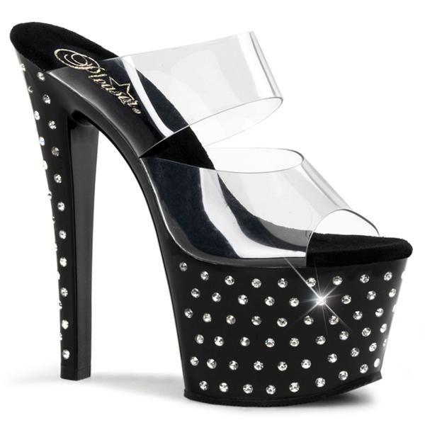 STARDUST-702 Pleaser High-Heels Doppelriemchen Pantoletten klar schwarz mit Strass