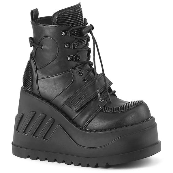 STOMP-13 vegane DemoniaCult Keilplateau Stiefeletten gepolsterte Prägungen schwarz Lederoptik