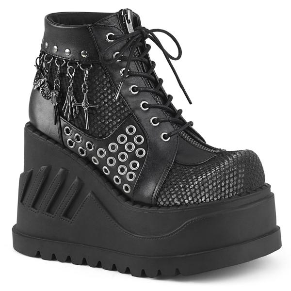 STOMP-18 DemoniaCult Keilplateau Booties schwarz Lederoptik grau Samt Ösen Anhänger