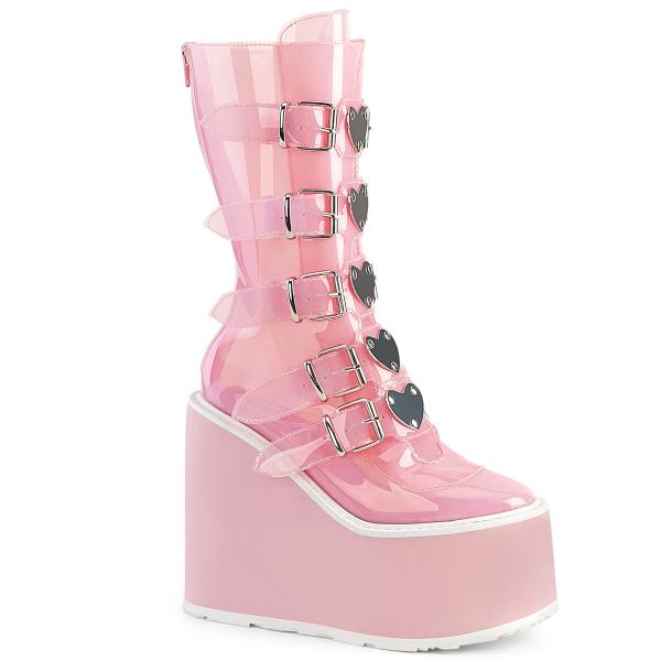 SWING-230C DemoniaCult vegan platform mid-calf boot 5 buckles heart metal plates baby pink