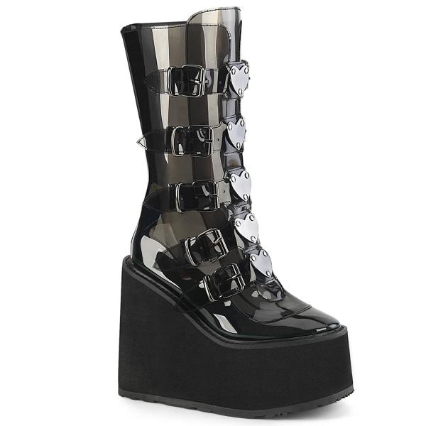 Sale SWING-230C DemoniaCult vegan platform mid-calf boot 5 buckles heart metal plates smoke 37