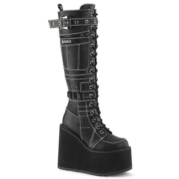 Sale SWING-260 DemoniaCult vegane Damen Keil Plateaustiefel Kontrastnaht schwarz Lederoptik 37