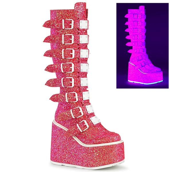 SWING-815UV DemoniaCult platform boots white matte 16 buckles uv pink glitter