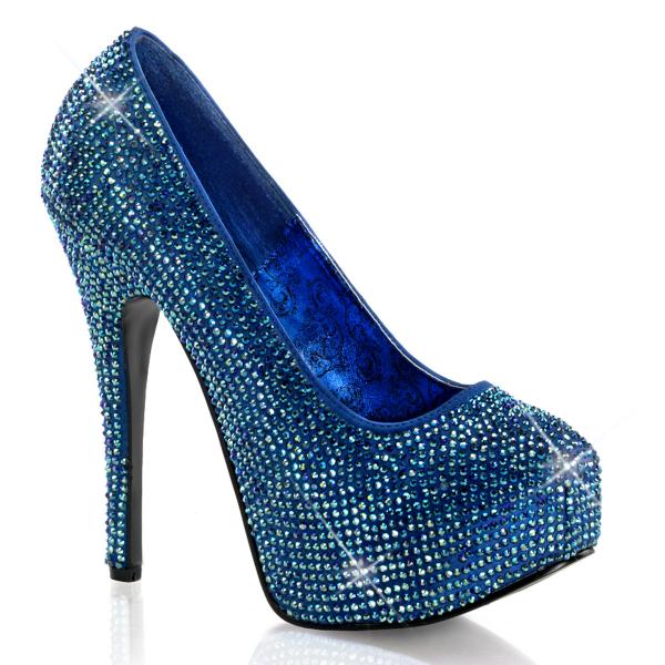 TEEZE-06R Bordello Damen High Heels versteckter Plateau Stiletto Pumps blau Satin Strass