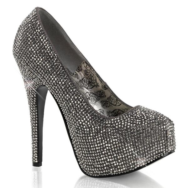 TEEZE-06R Bordello Damen High Heels Plateau Stiletto Pumps grau Satin zinn Strass