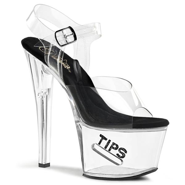 TIPJAR-708-5 Pleaer high heels ankle strap sandal tip jar slot lettering clear black