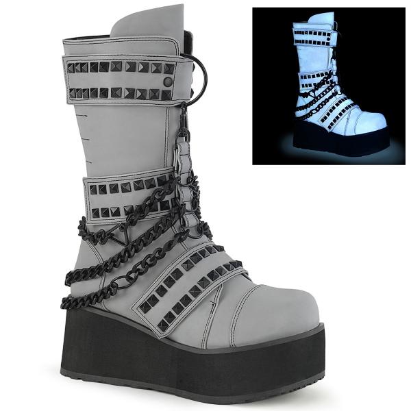 Sale TRASHVILLE-138 DemoniaCult platform mid-calf boot ring chain pyramid studded grey multi reflective matte 36