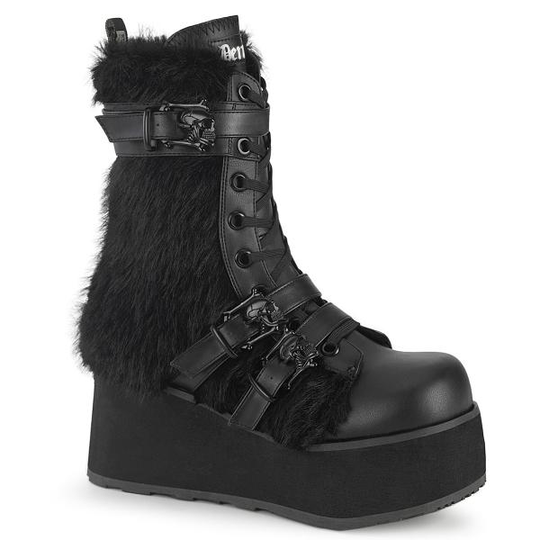 TRASHVILLE-218 DemoniaCult vegan platform mid-calf boot skull buckle straps black matte fur