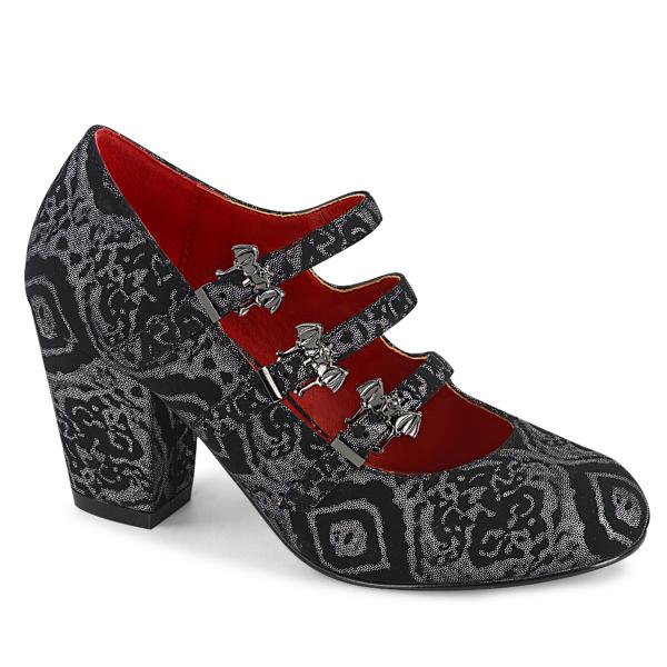 VIVIKA-38 DemoniaCult Maryjane Pumps Blockabsatz Fledermausschnallen schwarz silber Nubuckoptik