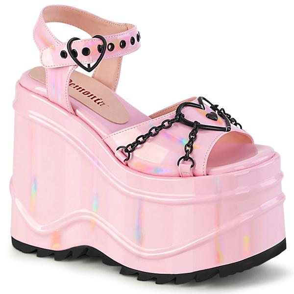 WAVE-09 DemoniaCult high heels wedge platform sandal ankle strap heart chain baby pink hologram 39