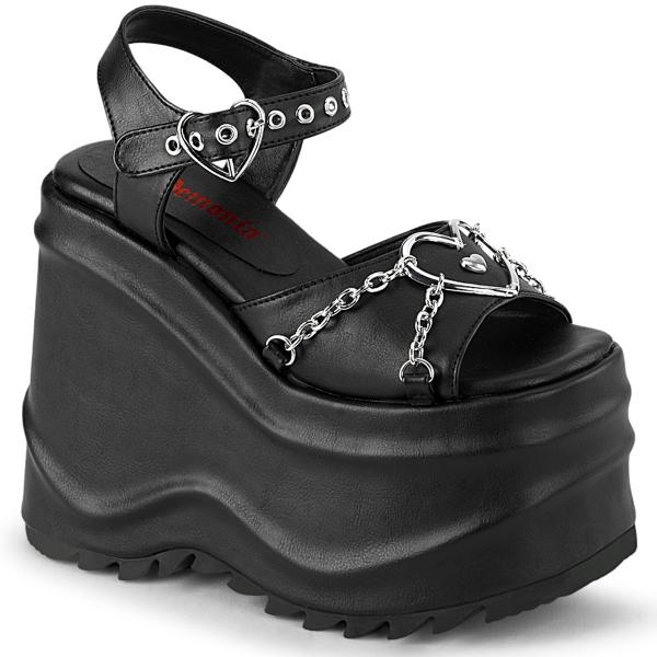 Sale WAVE-09 DemoniaCult high heels wedge platform sandal ankle strap heart chain black matte 39