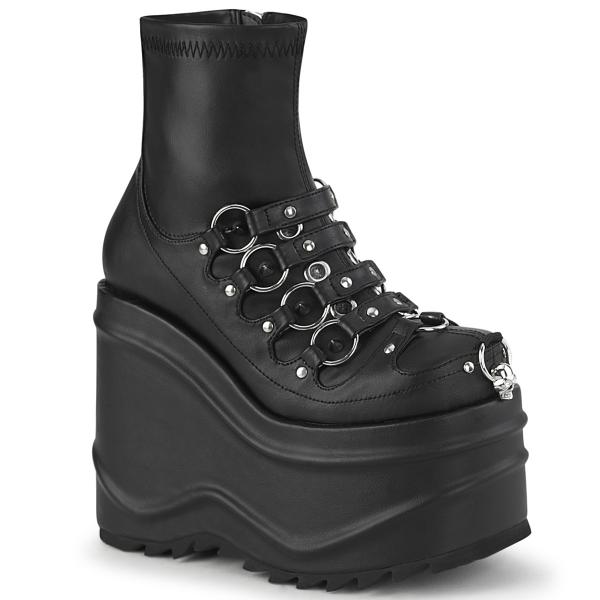 WAVE-110 DemoniaCult wedge platform stretch ankle boot o-rings studs skull black matte