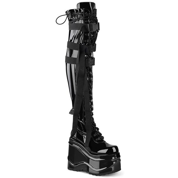 WAVE-315 DemoniaCult vegane Damen Plateauoverkneestiefel schwarz Stretch Lack