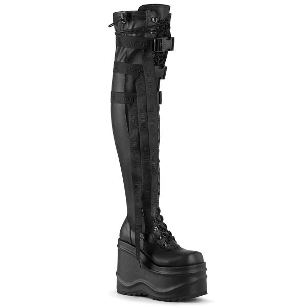 WAVE-315 DemoniaCult vegane Damen Plateauoverkneestiefel schwarz Stretch Lederoptik