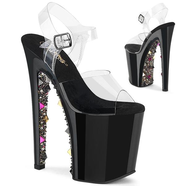 XTREME-808PYRS Pleaser High Heels Plateausandaletten Pyramidennieten Strass klar schwarz