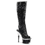 Sale SPIKY-2019 Pleaser high heels peep toe knee boot black sequins shark teeth 40