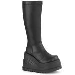 Sale STOMP-200 DemoniaCult Damen kniehohe Stretch Plateaustiefel Keilabsatz schwarz Lederoptik 38